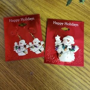 Snowman Pin and Earrings